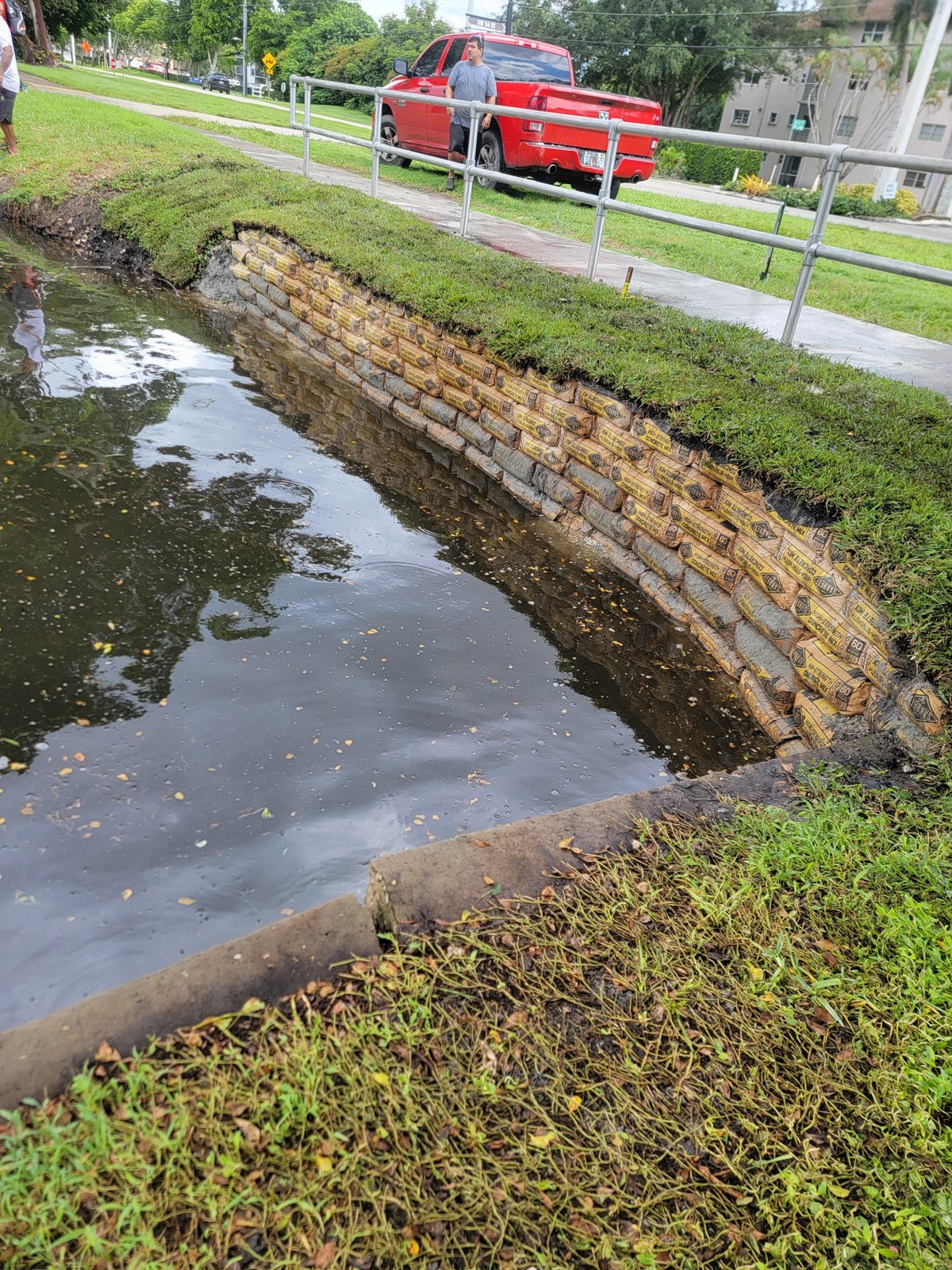 Completed shoreline — rip rap cement bag retaining wall